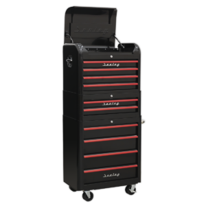 Premier™ Retro Style Topchest, Mid-Box Tool Chest & Rollcab Combination 10 Drawer - Black with Red Anodised Drawer Pulls