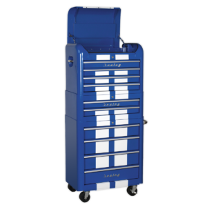 Premier™ Retro Style Topchest, Mid-Box Tool Chest & Rollcab Combination 10 Drawer - Blue with White Stripes