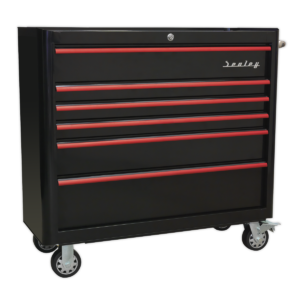 Premier™ Retro Style Wide Rollcab 6 Drawer - Black with Red Anodised Drawer Pulls