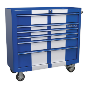 Premier™ Retro Style Wide Rollcab 6 Drawer - Blue with White Stripes