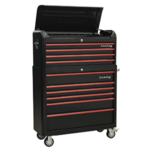 Premier™ Retro Style Wide Topchest & Rollcab Combination 10 Drawer - Black with Red Anodised Drawer Pulls