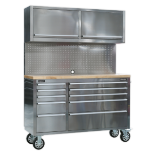 Premier™ Mobile Stainless Steel Tool Cabinet 10 Drawer with Backboard & 2 Wall Cupboards