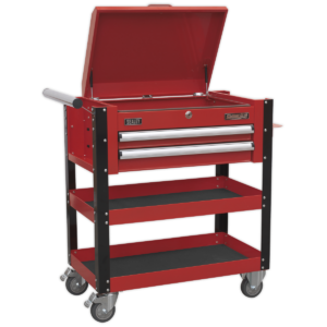 Superline PRO® Heavy-Duty Mobile Tool & Parts Trolley with Lockable Top & 2 Drawers - Red