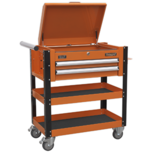 Superline PRO® Heavy-Duty Mobile Tool & Parts Trolley with Lockable Top & 2 Drawers - Orange