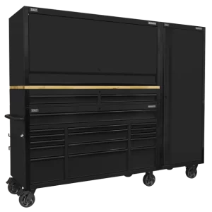 Superline PRO® Black Edition Mobile Trolley with Wooden Worktop 15 Drawer, Hutch, 2 Drawer Riser & Side Locker 1549mm