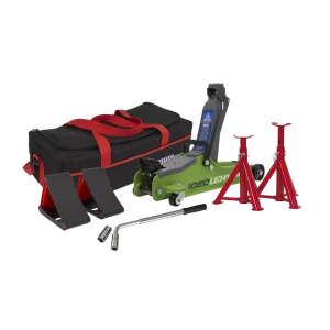 Low Entry Short Chassis Trolley Jack & Accessories Bag Combo, 2 Tonne - Green